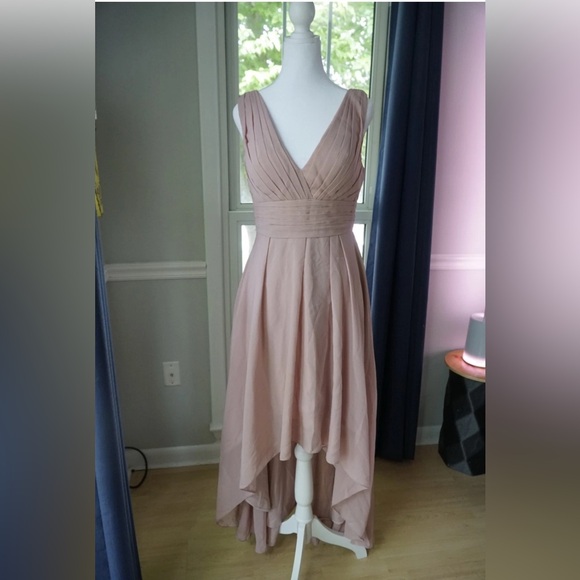 [Size 8] Blush Pleated V-Neck High-Low Gown with Lace-Up Back (Read Description - Picture 1 of 4